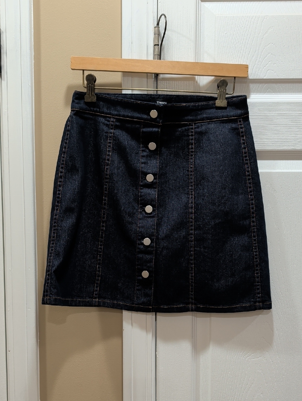 Theory Dark Wash Button-Front Denim Skirt